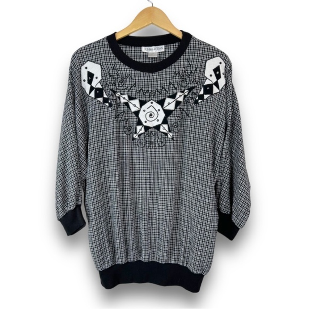 4/$20 Vintage Donna Toran Check Top Black White Embellished Dolman Sleeve Blouse - Picture 4 of 7